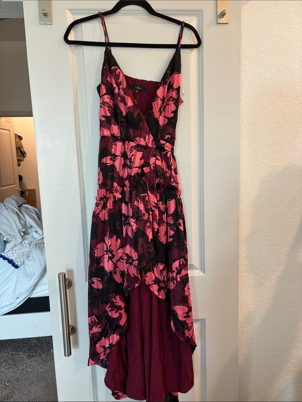 Lulu's Pink Floral High-Low Spaghetti Strap Dress on Black